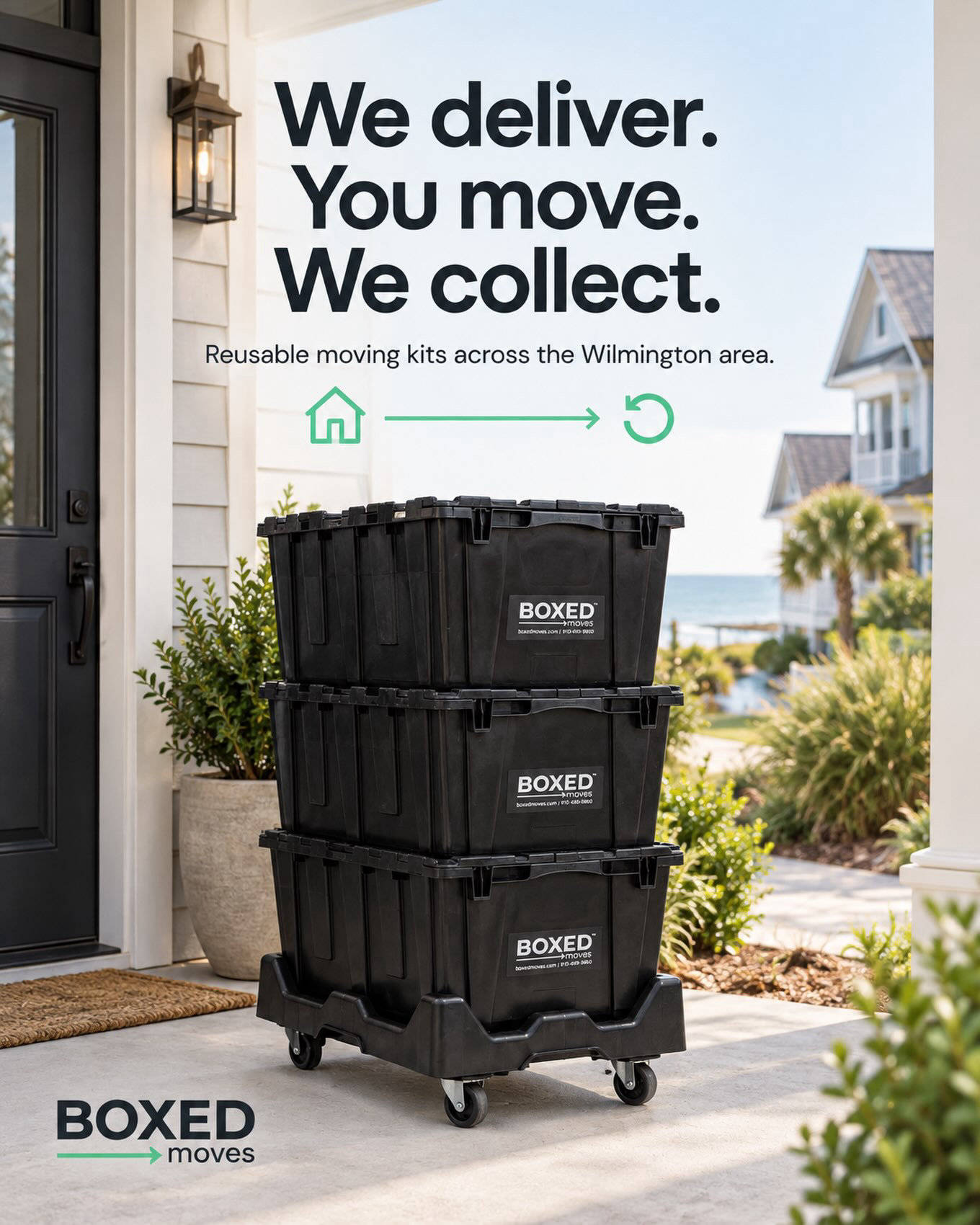 Boxed Moves LLC reusable moving boxes delivered to a home in Wilmington, North Carolina, ready for packing