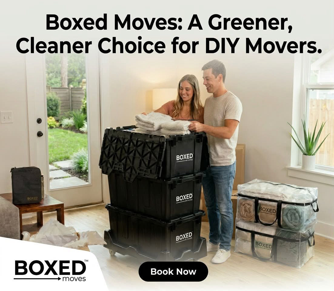 Boxed Moves LLC reusable moving totes stacked neatly for a tidy moving day in Wilmington, North Carolina