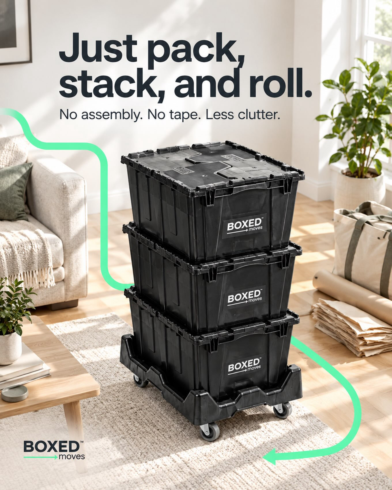 Boxed Moves LLC reusable plastic organization bins stacked neatly in a Wilmington, NC home for decluttering and staging