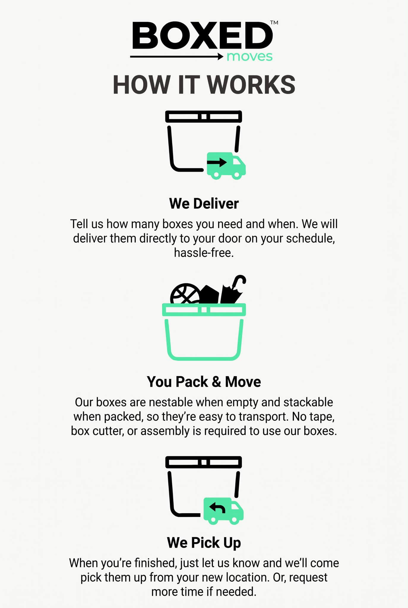 Boxed Moves LLC stacked reusable moving totes ready for professional partner use in Wilmington, NC