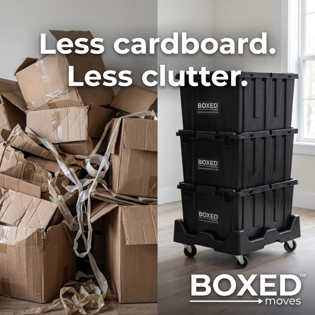 Boxed Moves LLC stackable reusable plastic moving boxes and totes in Wilmington, North Carolina, a cleaner alternative to cardboard