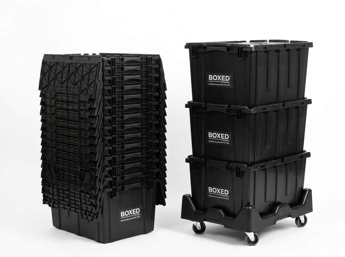 Boxed Moves LLC stackable reusable plastic moving totes and crates for moving box rentals in Wilmington, NC